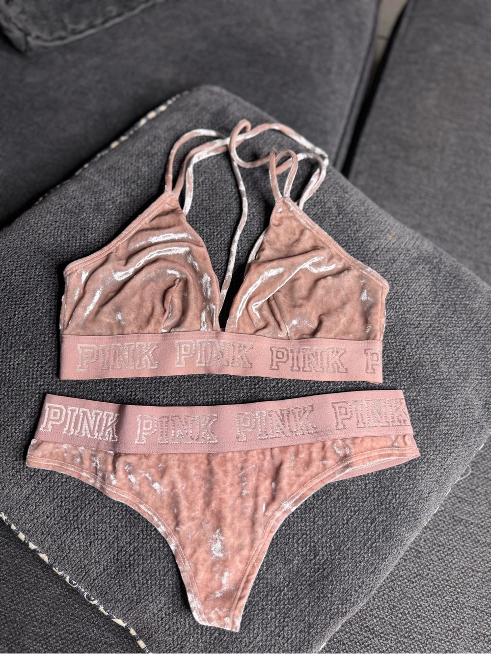 PINK Velvet Bralette & Thong Set - Dusty Rose